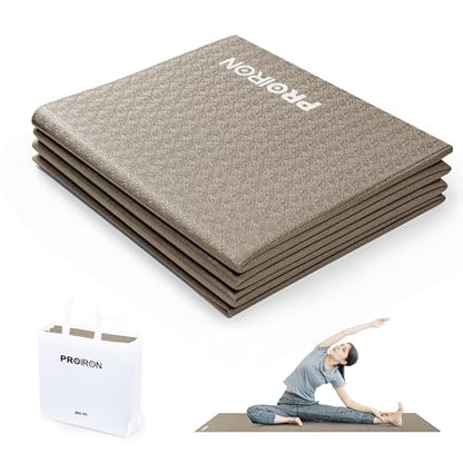 PROIRON Foldable Yoga Mat 0.24"/0.16" for Home Workout & Travel, Non Slip Travel Yoga Mats with Carry Bag, Packable Yoga Mat for Home Gym, Pilates, Fitness,Stretching - color: (0.16" PVC) Brown