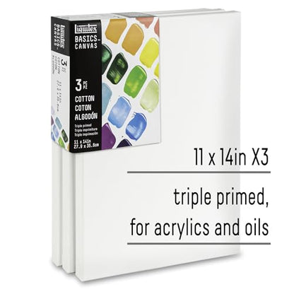 Liquitex BASICS Canvas, 3 Pack, 11" x 14" | Archival, Acid-Free, Non-Toxic, Medium Texture Cotton, Pre-primed with a triple layer of acrylic gesso, Stapled & Stretched - style: 11" x 14"