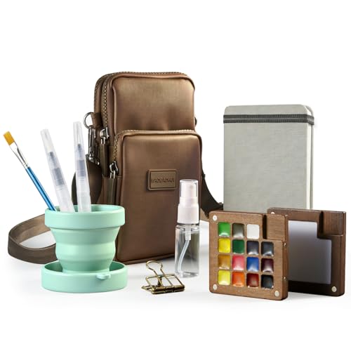 Mini Watercolor Paint Set, Travel Painting Kit with Walnut Wood Palette 15-Color, Crossbody Bag, Watercolor Journal, Metal Clip, Water Cup, Water Brush, for Artists, Beginners & Adults, Brown - color: Brown