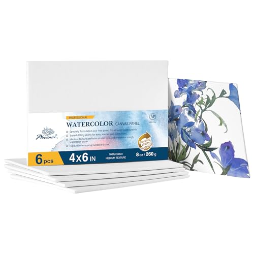 PHOENIX Watercolor Canvases for Painting - 4x6 Inch/6 Pack, 100% Cotton Water Color Small Canvas Panels, 8 Oz. / 260g White Blank Medium Texture Flat Canvases for Water Based Paints - size: 4"x6", style: Canvas Panel