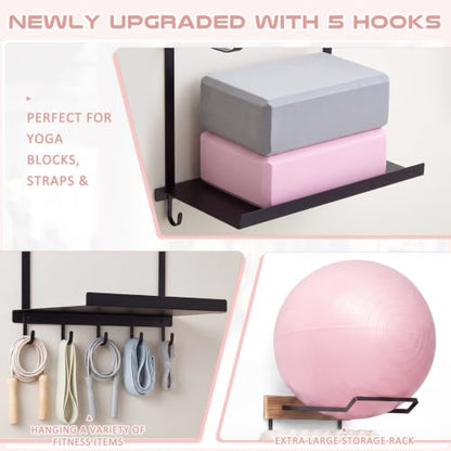 Junkin Yoga Mat and Ball Holder Wall Mount, 4-tier Yoga Mat & Ball Storage Rack, Metal Floating Shelf, Home Gym Organizer for Hanging Foam Rollers & Resistance Bands, Wood Color