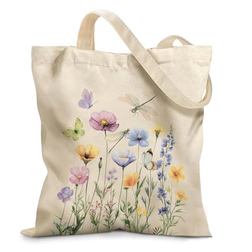 Aesthetic Canvas Tote Bag for Women - with Magnetic Snap Closure & Zipper Inner Pocket Reusable Bag for Shopping - color: Flower11