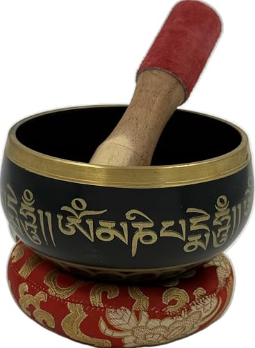 Tibetan Medium Size Singing Bowl Complete Set With Mallet and Brocade Cushion ~ For Meditation, Chakra Healing, Prayer, Yoga - color: Black, size: Medium