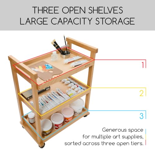 MEEDEN Rolling Art Supply Cart: Solid Beech Wood 3-Tier Storage Trolley - color: Natural