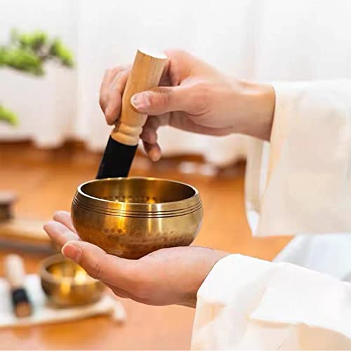 Tibetan Singing Bowls Set, Singing Bowls, Meditation Sound Bowl Handcrafted in Nepal, For Yoga, Meditation, Mindfulness, Healing & Chakra balancing - color: 3.15 inch Gold