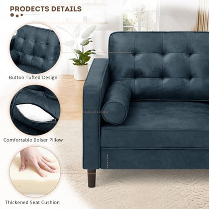 67" Suede Leather 2 Seater Sofa with Two Bolster Pillows, Blue - color: Blue, size: 67" Loveseat