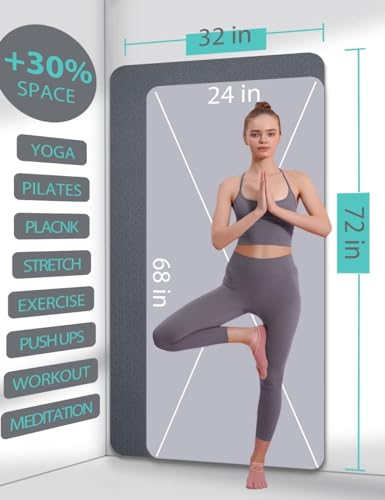 Yoga Mat Double-Sided Non Slip, 72'' x 32'' x 7mm - Extra Wide & Thick Yoga Mat for Women Men Kids, Professional TPE Yoga Mats for Home Workout, Yoga, Pilates and Floor Exercise, with Carrier Strap - color: Gray