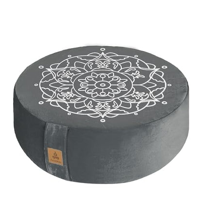 Embroidered Meditation Pillow D=16" H=5.5" Round Velvet Meditation Cushion Yoga Bolster Floor Pouf Zafu Natural Buckwheat hulls Sitting on Floor Removable Organic Cotton Cover Large Kneeling Pillow - color: Dark Grey