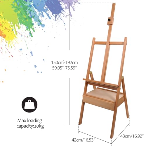 Beech Wood H-Frame Easel, 59"–75" Adjustable Height Studio Easel with Drawer & Shelf, 41" Canvas Holder 20KG Load, Heavy Duty Art Easel for Adults Artists Students Painting Display - color: EASEL-A