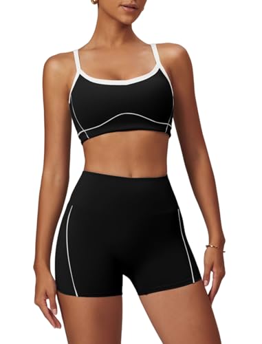 QBGJTD Two Piece Women Workout Sets Color Block Sports Bra and Scrunch Butt Lifting Shorts Gym Yoga Outfits - color: Black, size: X-Small