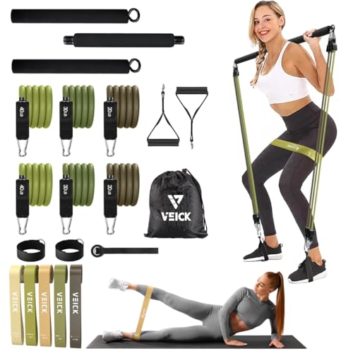 VEICK Pilates Bar with Resistance Bands, Handles, Ankle Straps, Door Anchor - color: Green