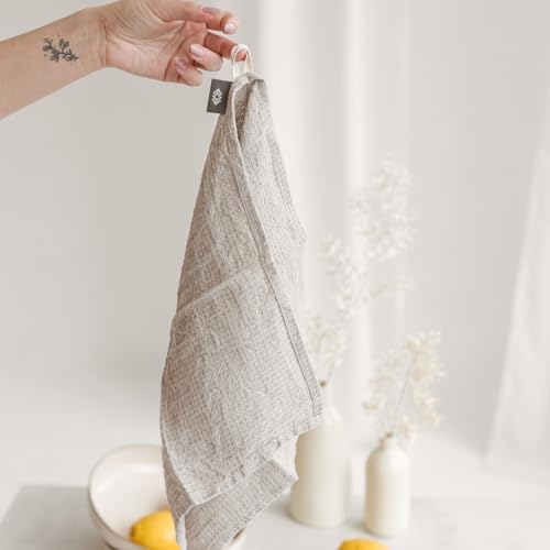 Pure 100% Linen Hand Towels - 14x28-inch Set of 2 pcs - Thin Waffle Weave - color: Natural Linen, size: Hand Towels