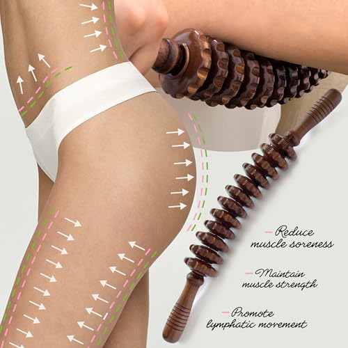 Wood Therapy Massage Roller Stick for Muscle Relief & Cellulite Reduction - color: Brown Curved-12 Rollers