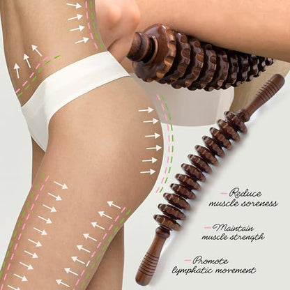 Wood Therapy Massage Roller Stick for Muscle Relief & Cellulite Reduction - color: Brown Curved-12 Rollers