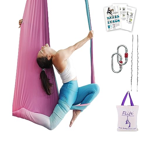 F.Life Aerial Yoga Hammock 6.5 yards Premium Aerial Sling Silk Fabric Yoga Swing for Antigravity Inversion Include Daisy Chain,Carabiner and Pose Guide - color: Fairy Floss Omber