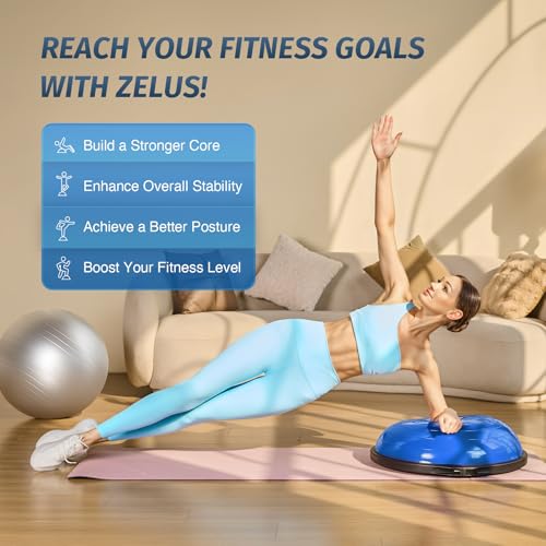 ZELUS 25in. Balance Ball | 660lb Inflatable Half Exercise Ball Wobble Board Balance Trainer w Nonslip Base | Half Yoga Ball Strength Training Equipment w 2 Bands, Pump, Extra Ball Included - color: Blue