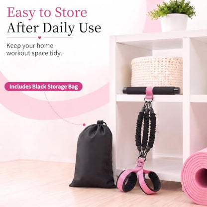 3-Tube Pedal Resistance Band with Handles, 90lbs Peak Resistance | Nylon-covered straps prevent snap injury. Padded pedals & non-slip grips ensure comfortable full body exercises. Beginner gym - color: Black/Pink