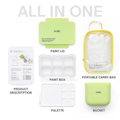 HIMI Travel Box Gouache Set – Holds up to 12 Colors, Mixing Palette, Brush Washer Bucket with Built-in Cleaning Grooves, Unique Portable Carry Bag for Artists & Beginners