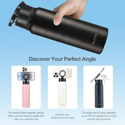 Insulated Water Bottle with Magnetic Phone Holder Compatible with MagSafe and iPhone,Double-Sided Magnet,Hot 12H Cold 24H,Stainless Steel Water Bottle Phone Mount for Sports Travel,27oz (Black) - color: Black