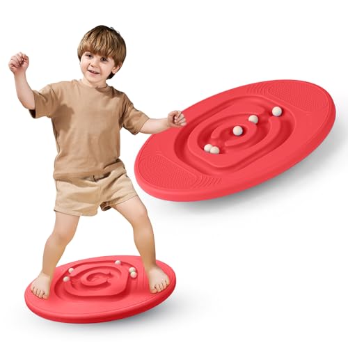 Kids Maze Balance Board - Wobble Trainer for Ski Surf Snowboard, Non-Slip Sensory Rocker Ages 3-12, Core Therapy & Skate Prep - color: red