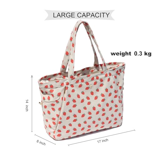 ESVAN Corduroy Yoga Tote Bag Gifts for Women Drawstring Yoga Mat Bag for Office Workout Travel Carryall Pilates Gym - color: Red Strawberry