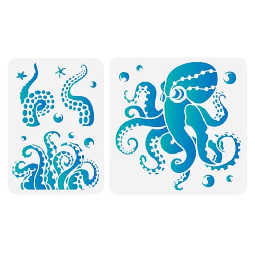 2pcs Octopus Ocean Animal Craft Art Stencils, Octopus Tentacles Plastic Reusable Stencils for Wood Burning, Sea Animal Paint Templates for Painting on Wall Wood Fabric Canvas Furniture Floor | 11.8" x 11.8" & A4 Plastic Craft Stencils, Octopus Wall Stenci