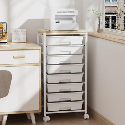 Rolling Cart with 8 Drawers, Storage Drawers Cart with Wooden Tabletop and Lockable Wheels, Craft Storage for Living Room, Office, Classroom, Craft Room, Bedroom - color: White