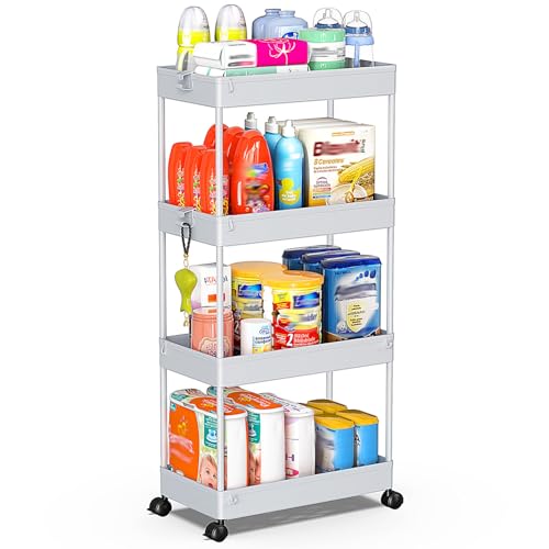 SPACEKEEPER 4 Tier Rolling Cart, Bathroom Cart Organizer with Wheels, Gray - color: Grey, size: 4 Tier