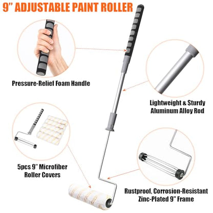 6pcs House Paint Roller Kit, 9 inch Extendable Roller Frame with 5 Microfiber Roller Covers 1/2" Nap, Adjustable Painting Roller (18" - 36") for Walls, Ceilings, Floor, Home Painting Supplies