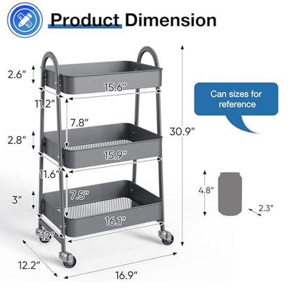 OLIXIS Metal Rolling Storage Utility Cart with Lockable Wheels 3 Tiers - color: Light Gray, size: 3-Tiered 17 inches
