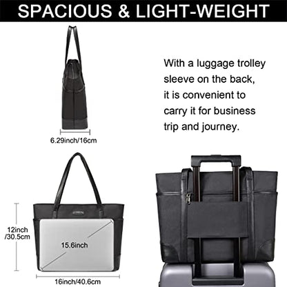 Laptop Bag for Women,ChaseChic Waterproof Classic Teacher's Tote Bag 15.6in Computer Work Bags for Women with Luggage Strap - color: Black-15.6in
