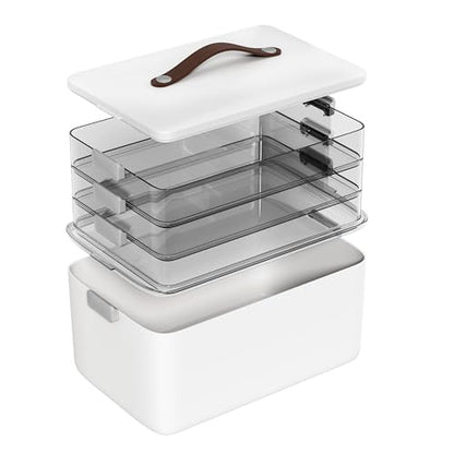 MOPALL Craft Medicine Cabinet Organizers Storage Box for Art Supply Sewing | 4-Tier Mega Capacity, Portable Latch Bin with Lid, Leather Handle, Space-Saving, for Home Office, Pill Bottle, First Aid