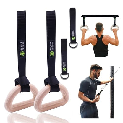 J Bryant Fitness Wooden Gymnastic Rings - Pull Up Grips & LAT Pull Down Gym Handles Design, Sturdy Webbing Straps with D-Rings, Pilates, Strength Training, and Portable Fitness - Includes Carry Bag