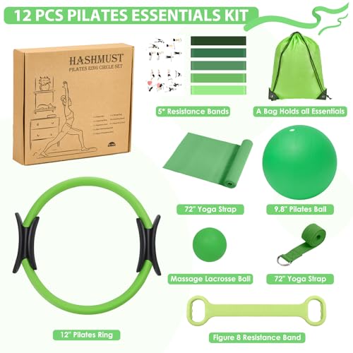 HASHMUST Pilates Ring Kit 12 PCS for Women, Home Workout Equipment with Magic Circle, Mini Exercise Ball, Resistance Bands, Massage Lacrosse, Yoga Strap, Full-Body Fitness Set for Toning & Gift - color: Green