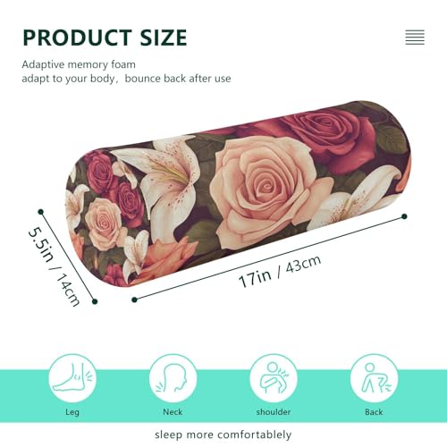 Roses and Lily Flowers Neck Roll Pillow Bolster Round Health Memory Foam Long Cervical Cylinder Pillows with Removable Washable Cover for Body Bed Legs Back Yoga - color: Roses and Lily Flowers