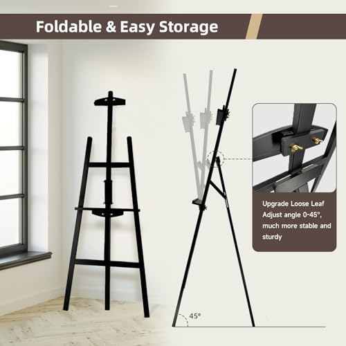 Adjustable Black Pine Wooden Painting Easel, Art Easel Stand | A-Frame Easel Hold up to 43'' Painting Canvas for Wedding Sign and Poster, Drawing for Adults, Begginners and Students - color: Black