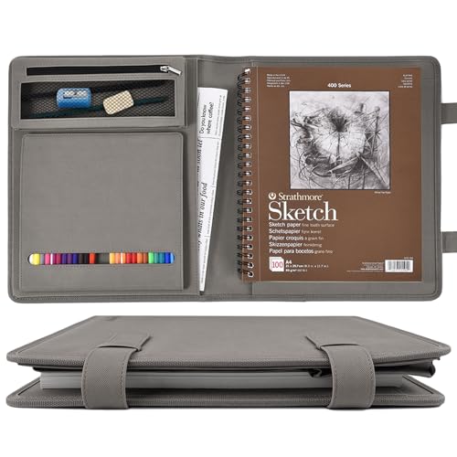 Gray Leather Sketchbook Cover 9x12, Travel Drawing Portfolio | Portable sketch kit organizer, pencil holder, Fits 9x12 Sketch Book, Spiral Pad, Compact artist storage case - color: Gray, size: Large-9x12