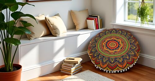CRAFT KALA 22" Floor Pillows Cover for Sitting, Large Meditation Cushions Cover for Adults, Bohemian Mandala Round Pouf Seating Ottoman Cover for Outdoor Yoga and Living Room New Blue Ombre - color: New Blue Ombre, size: 22"
