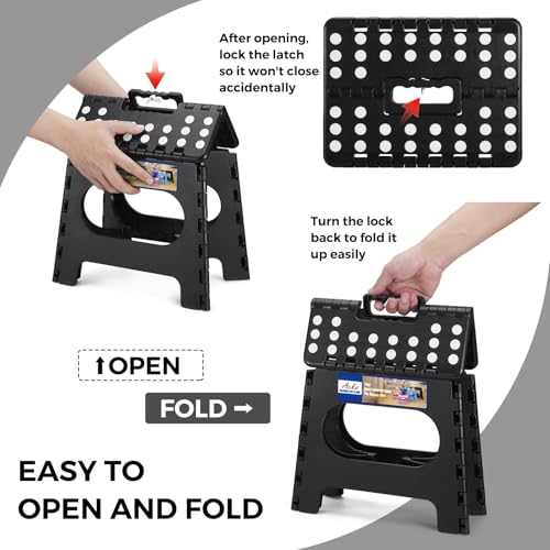 ACKO 11" Folding Step Stool for Kids, Non-Slip Foldable Step Stools, Black | Heavy Duty Collapsible Foot Stool, Lightweight with Built-in Handle, Holds 300 lb for Adults Kitchen Bathroom Bedroom Outdoor - color: Black, size: 11 Inch