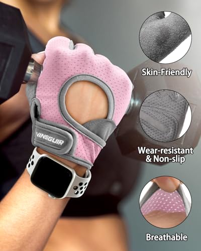 VINSGUIR Workout Gloves for Women and Men, Breathable & Padded Gym Gloves - color: Pink / Gray, size: Large
