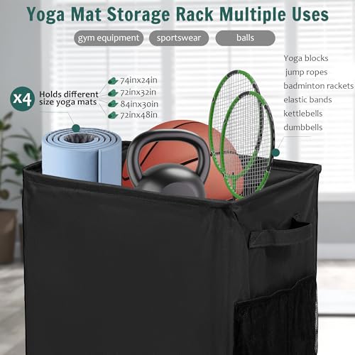 Yoga Mat Storage Racks, Home Gym Storage Rack with Wheels, Yoga Mat Holder Side 2 Mesh Pockets, Yoga Storage Basket Holds 4 Yoga Mats, 2 Foam Rollers, 6 Resistance Bands - color: Black