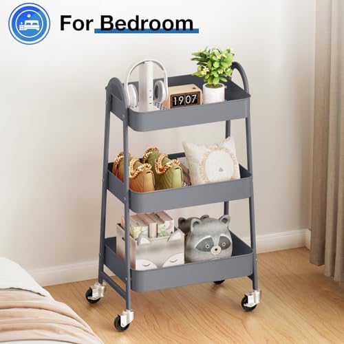 OLIXIS Metal Rolling Storage Utility Cart with Lockable Wheels 3 Tiers - color: Light Gray, size: 3-Tiered 17 inches