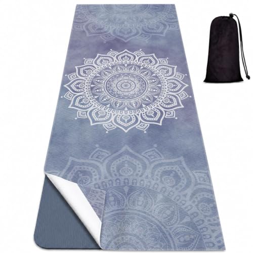 Yoga Mat Towel, Hot Yoga Non Slip with 4 Corner Pockets, 70 x 26 in | Soft Absorbent Microfiber With Four Corner Pockets, Fits Over Yoga Mats For Hot Yoga, Pilates, Gym, And Travel - color: Blue Flower-02, size: Small