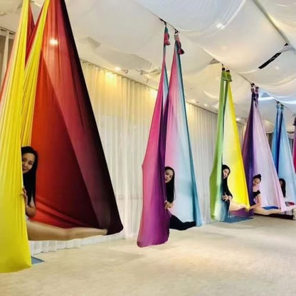 Aerial Yoga Hammock L:5M W:2.8M 5.5 Yards Aerial Pilates Silk Yoga Swing Set with 2000 Ibs Load Include Daisy Chain, Pose Guide - color: Gradual Change Purple