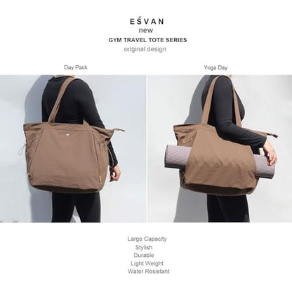 ESVAN Yoga Tote Bag for Women Shoulder Bags Drawstring for Office Workout Travel Carryall Pilates Gym and Beach - color: Coffee