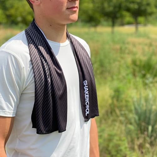 SHAKEitCOOL Extended Size Cooling Towel – Be Cool in Style - Heat Relief, Soft, Lightweight, Sun Protection, Easy Clean - Perfect for Biking, Hiking, Running, Yoga, Golf, Gardening - Carbon Fiber M - color: Carbon Fiber