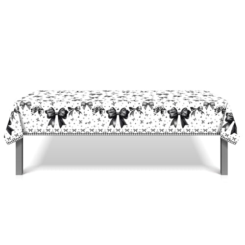 1Pc Black Bowknot Party Plastic Tablecloth 54 x 87 Inch Long Table Cover, Bow Tie Party Tablecover for Dark Style Theme Kids Baby Shower Birthday Dinner Picnic Kitchen Event - color: Black Bowknot