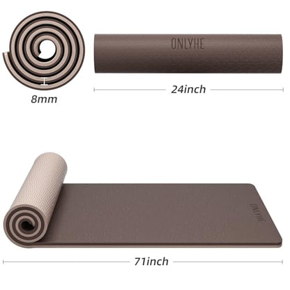 Yoga Mat Thick（8mm）Exercise Mat Non Slip Anti-tear,Pilates Mat for Men and Women,Workout Mats for Home,Barefoot Workouts and Floor Exercise,with Carrier Strap(71"x 24" ) (Light coffee + apricot)
