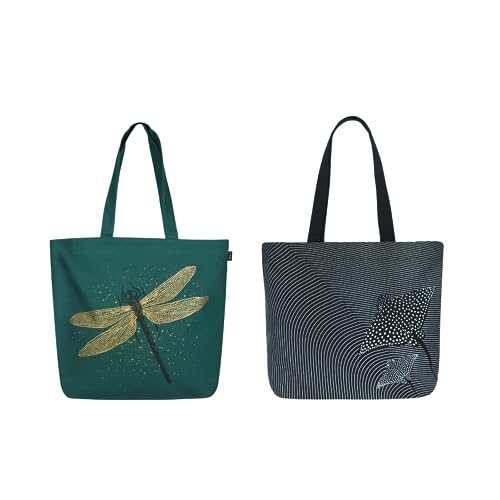 Ecoright Aesthetic Canvas Tote Bag for Women Large Zipper Tote Bags with Pocket, Womens Tote Bag for Yoga, Work, Beach - color: Dragon Fly Stingray
