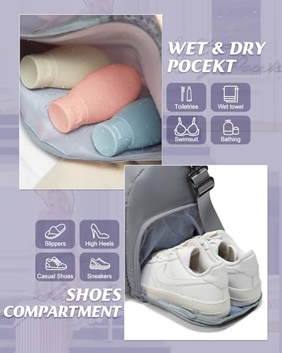 Gym Bag for Women with Shoe Compartment Lightweight Travel Duffle Bags Carry on Bag Overnight Weekender Duffel Bag with Wet Pocket Personal Item Travel Bag Tote Bag Workout Dance Bag Grey - color: E12-Grey